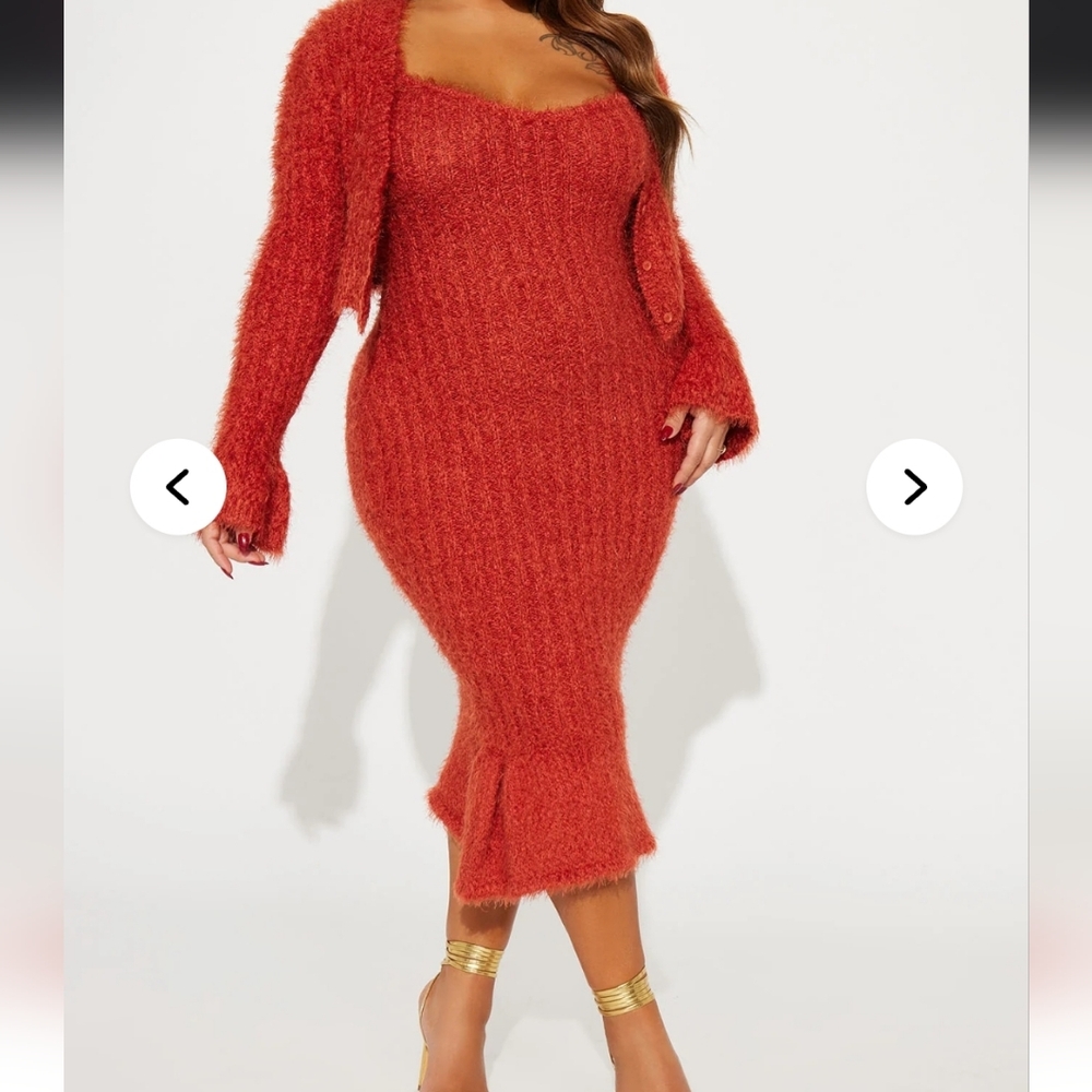 Fuzzy Knit Midi Dress with Matching Shrug - Red/Rust - Picture 2 of 5